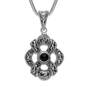 Silver Whitby Jet Marcasite Celtic Crossover Flower Necklace P2129