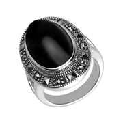 Sterling Silver Whitby Jet Marcasite Frame Large Oval Ring. R818.