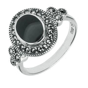 Sterling Silver Whitby Jet Marcasite Oval Beaded Edge Ring. R750.