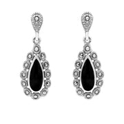 Silver Whitby Jet Marcasite Pear Centre Round Bead Earrings E1643