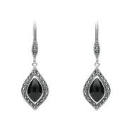 Sterling Silver Whitby Jet Marcasite Pointed Pear Hook Earrings. E2239.