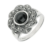 Silver Whitby Jet Marcasite Ribbon Edge Ring R817