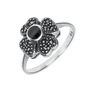 Sterling Silver Whitby Jet Marcasite Small Flower Ring. R456.