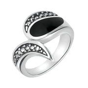 Sterling Silver Whitby Jet Marcasite Teardrop Shaped Ring, R853