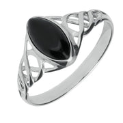 Sterling Silver Whitby Jet Marquise Celtic Ring. R466.