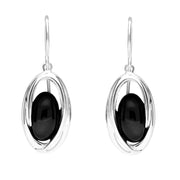 Sterling Silver Whitby Jet Oval Stone Enclosed Drop Earrings. E2120.