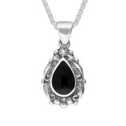 Sterling Silver Whitby Jet Heritage Pear Shaped Leaf Drop Necklace. P051.