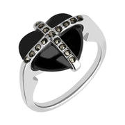 Sterling Silver Whitby Jet Seveteen Stone Marcasite Small Cross Heart Ring