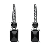 Sterling Silver Whitby Jet and Marcasite Oblong Bar Drop Earrings E1699