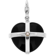 Sterling Silver Whitby Jet and Single Pearl Large Cross Heart Charm G766