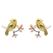 Silver Yellow and Rose Gold Bird on a Branch Stud Earrings E2373