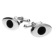 00025600 C W Sellors Sterling Silver Whitby Jet Flat Oval Round Stone Cufflinks, CL231.