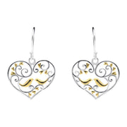 Sterling Silver Yellow Gold Bird Vine Open Heart Hook Earrings E2375