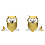 Silver and Yellow Gold Owl on a Branch Stud Earrings E2376