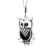 Sterling Silver Whitby Jet Large Owl Necklace. P2323.