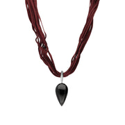 Sterling Silver Whitby Jet Burgundy Silk Pear Shape Necklace D N562.
