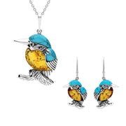 Sterling Silver Amber Turquoise Kingfisher Two Piece Set P3148 E2524