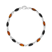 Sterling Silver Baltic Amber Whitby Jet Marquise Link Bracelet. B573