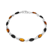 Sterling Silver Baltic Amber Whitby Jet Marquise Link Bracelet. B573_2