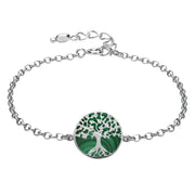 Sterling Silver Malachite Round Tree of Life Chain Bracelet, B1140.