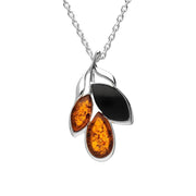 Sterling Silver Whitby Jet Amber Three Stone Leaf Necklace, P3484