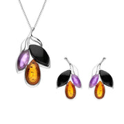 Sterling Silver Whitby Jet Amethyst Amber Three Stone Leaf Two Piece Set