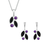 Sterling Silver Whitby Jet Amethyst Four Stone Leaf Drop Two Piece Set