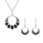 Sterling Silver Whitby Jet Five Stone Open Circle Two Piece Set