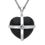 Sterling Silver Whitby Jet Marcasite Large Cross Heart Necklace, P2262.