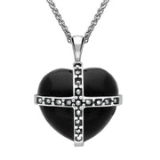 Sterling Silver Whitby Jet Seventeen Marcasite Medium Cross Heart Necklace, P2158.
