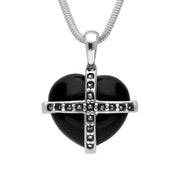 Sterling Silver Whitby Jet Seventeen Marcasite Small Cross Heart Necklace, P2265