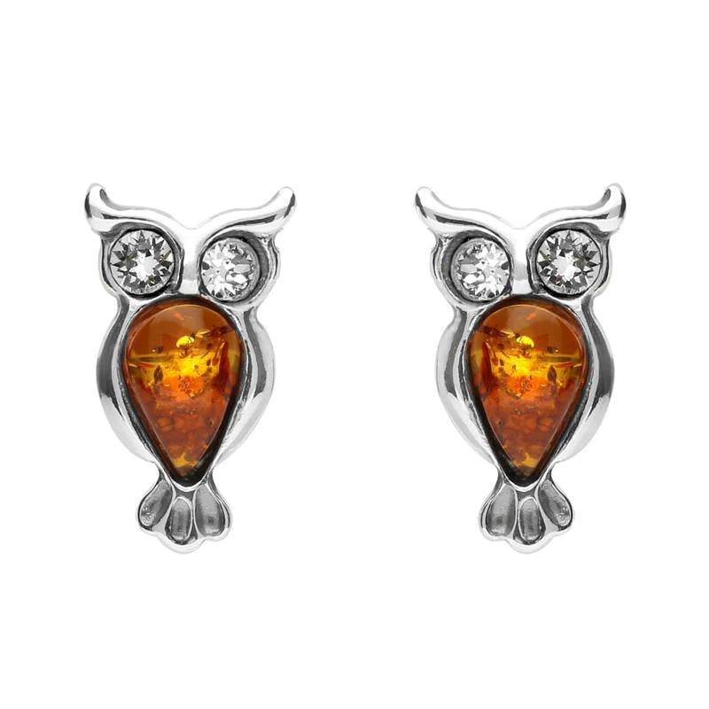 Sterling Silver Amber Cubic Zirconia Owl Stud Earrings E2327