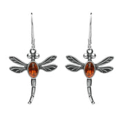 Sterling Silver Amber Dragonfly Hook Earrings. E1754. 