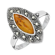 Sterling Silver Amber Marcasite Vintage Edge Marquise Ring R749