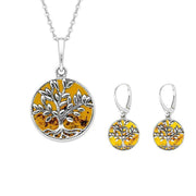 Sterling Silver Amber Round Large Leaves Tree of Life Two Piece Set S062
