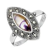 Sterling Silver Blue John Marcasite Marquise Beaded Edge Ring, R749