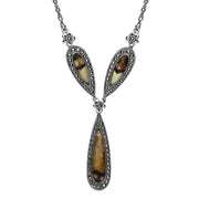 Sterling Silver Blue John Marcasite Three Pear Drop Necklace, N998.