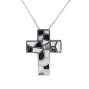 Sterling Silver Blue John and Mother of Pearl Chunky Cross Necklace, P1162C.