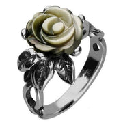 Sterling Silver Dark Mother of Pearl Tuberose Rose Leaf Twist Ring, R728.