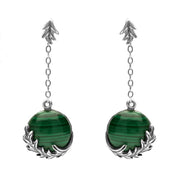Sterling Silver Malachite Acanthus Leaf Round Chain Drop Earrings. e1583.