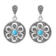 Sterling Silver Turquoise Art Deco Floral Marcasite Drop Earrings E1640