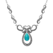 Sterling Silver Turquoise Marcasite Drop Bow Twist Necklace