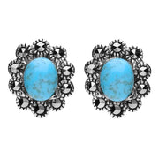 Sterling Silver Turquoise Marcasite Oval Beaded Edge Stud Earrings. E1637