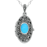 Sterling Silver Turquoise Marcasite Oval Floral Locket, P2146.
