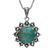 Sterling Silver Turquoise Marcasite Round Floral Necklace, P2127.