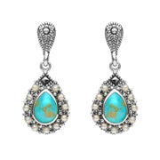 Sterling Silver Turquoise Pearl Round Edge Bead Drop Earrings. E2306
