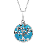 Sterling Silver Turquoise Small Round Large Leaves Tree of Life Necklace P3340