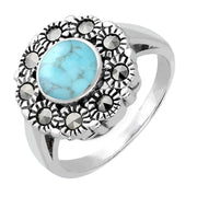 Sterling Silver Turquoise Vintage Round Centre Marcasite Ring, R821.
