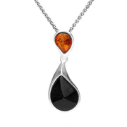 Sterling Silver Whitby Jet Amber Two Stone Pear Drop Necklace P3365