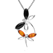 Sterling Silver Whitby Jet Amber Double Dragonfly Necklace P3368